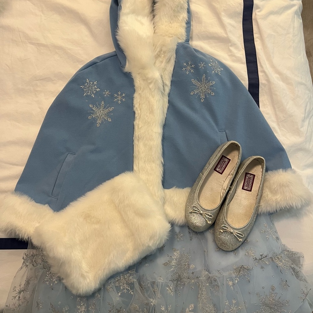 Janie and Jack Disney Frozen Dress, Cape, Faux Fur Muff and Sparkling Shoes